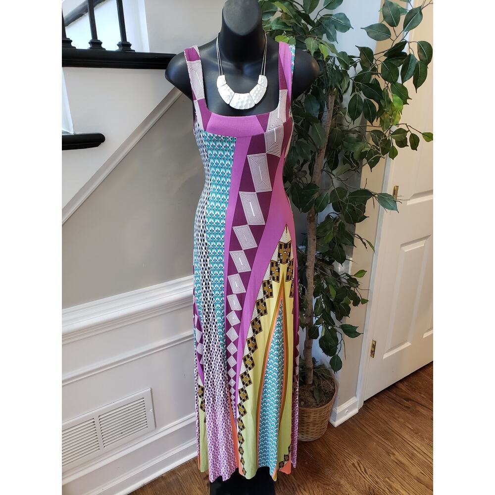 Luz & Sombra Long Maxi Dress Women Medium Multi Geo Print Wide Strap Square Neck